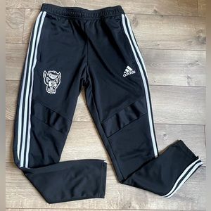 Adidas stretch track pants, 3 stripes, zip leg, wolf pack NC State Uni. mascot
